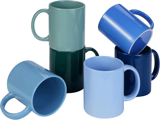 Multi-Coloured Ceramic Mugs Set of 6-11.2 oz / 330ml -Coffee Mugs-Cappuccino-Tea Cups- Hot Chocolate Cups (Cool Color, Large)