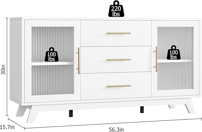 GarveeHome 56 Inch Buffet Cabinet Sideboard with Fluted Glass Doors and Gold Handles, Modern Sideboard Storage Cabinet with Adjustable Shelves, Coffee Bar Table for Kitchen Dining Room Living Room