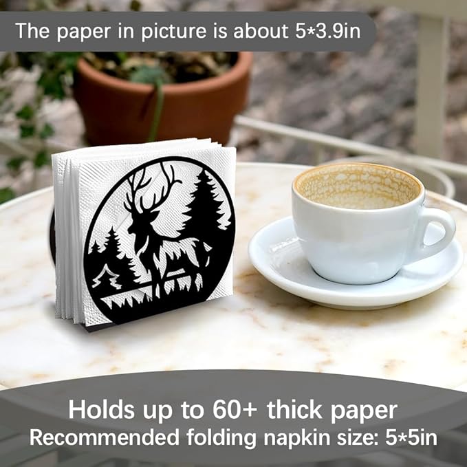 Deer Forests Decorative Black Metal Napkin Holder for Table, 5.3" x 4.8" x 2" Forest Animal Tree Standing Napkin Holder for Home Kitchen Restaurant Picnic Party Coffee Bar Dining Room