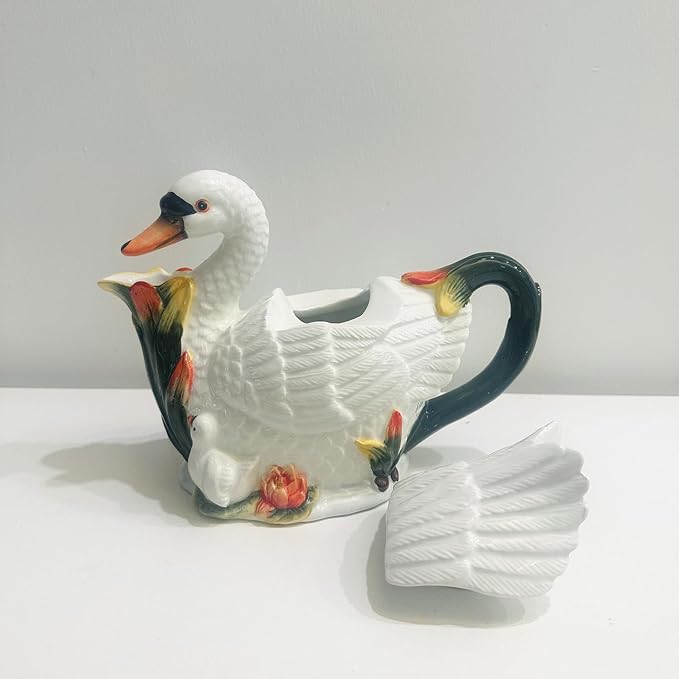 Ceramic White Swan Coffee Pot, Teapot, Unique Desktop Decorations and Ornaments