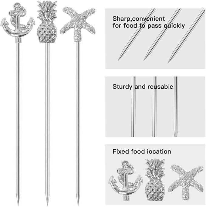Martini Cocktail Picks Reusable Olive Picks Garnish Skewer Fruit Toothpicks Set of 9 (Silver)