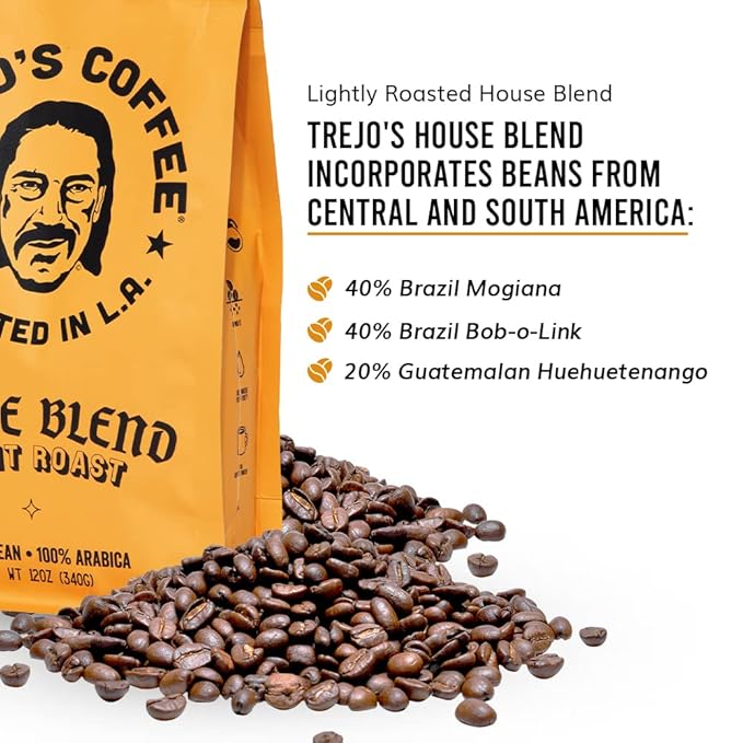Trejo's Coffee House Blend Light Roast Whole Bean Coffee, 12 Ounce Bag, 100% Arabica