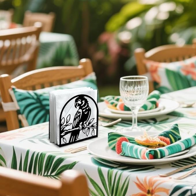 Parrot on Branch Decorative Black Metal Napkin Holder for Table, 4.9" x 5.3" x 1.9" Parrot Bird Standing Napkin Holder for Home Kitchen Restaurant Picnic Party Coffee Bar Room
