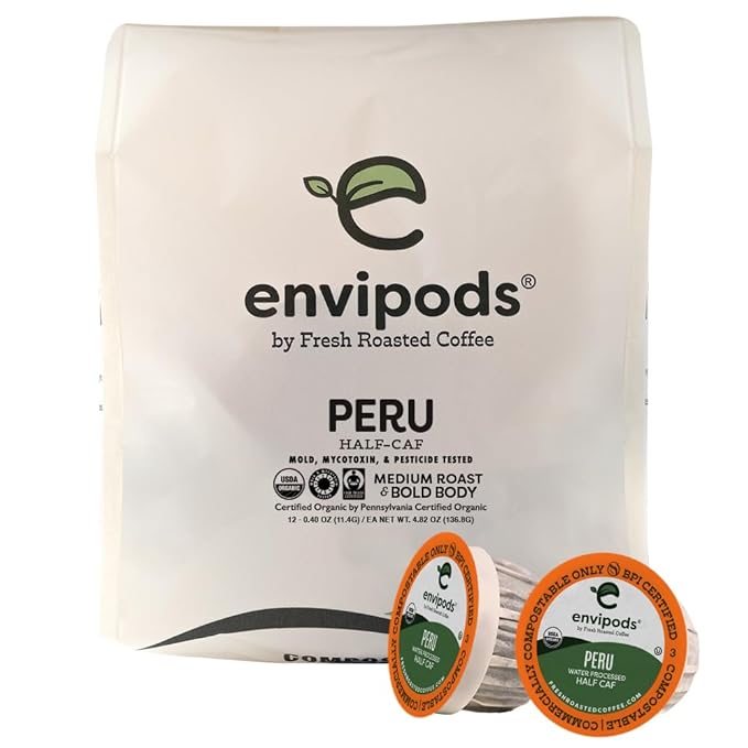 Fresh Roasted Coffee, Organic Peruvian Swiss Water Half-Caf envipods, Fair Trade Kosher, Medium Roast, 12 Count, Compatible With 1.0 & 2.0 K Cup Brewers
