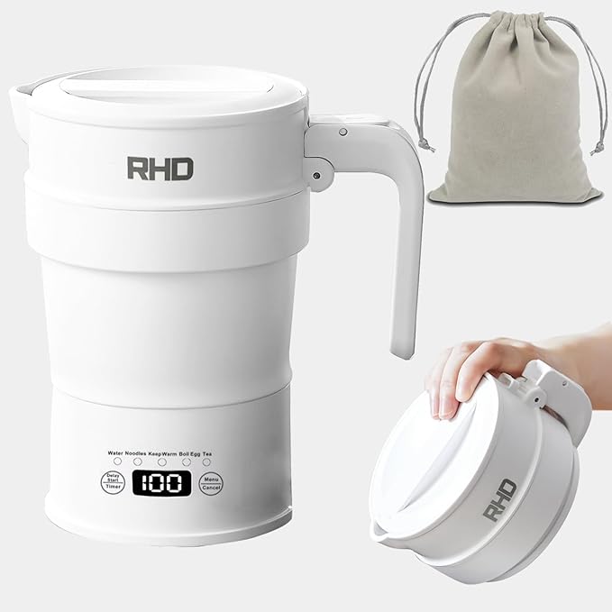 Travel Foldable Electric Kettle, 700ML Hot Water Kettle with Multifunctional Panel, Collapsible Small Boiling Water Kettle with Keep Warm & Delay Start, BPA-Free, 600W, 304 Stainless Steel, White