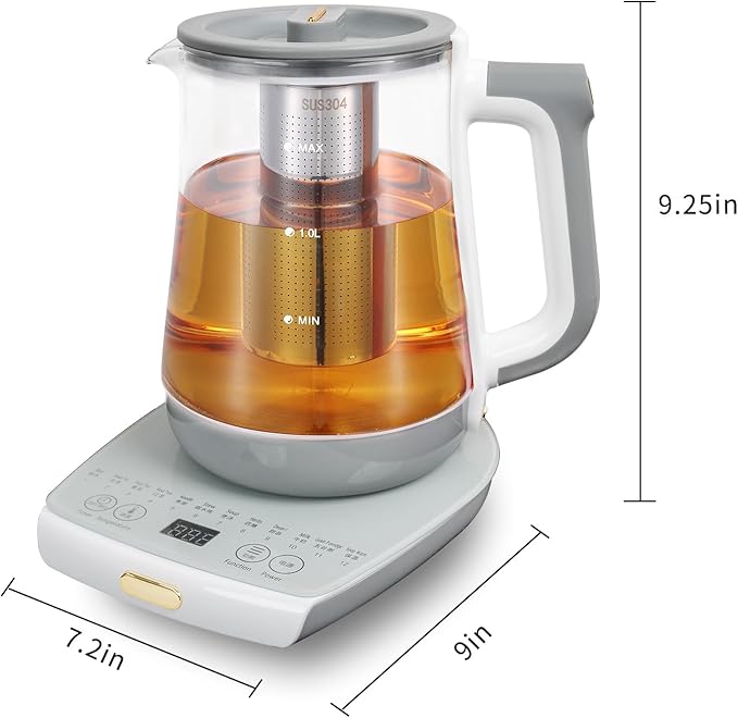 Health pot, Office, Household, Electric Kettle with Infuser, Temperature Control,12 Functional Procedures for Fruit, Flower Tea & Coffee, Glass Large 1.8 Liters of Capacity，Grey