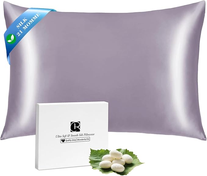 Ravmix Silk Pillow Cases with Zipper, 21momme Mulberry Silk Pillowcase for Hair Skin Health, Soft Smooth Breathable Cool Pillow Cover for Beauty Sleep with Gift Box 1PC(Standard 20"x26", Lilac)