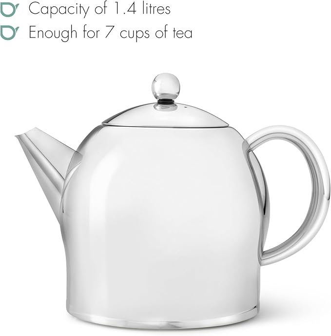bredemeijer Santhee Double Walled Teapot, 1.4-Liter Stainless Steel Glossy Finish with Glossy Accents