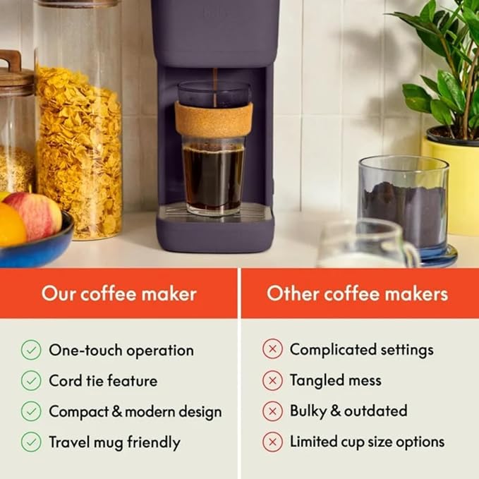 Single-Serve Bella Coffee Maker – Compact 6oz–14oz Brewer for Ground Coffee or Pods, One-Touch Operation, Adjustable Drip Tray, 35oz Water Tank, Travel Mug Friendly, Dishwasher-Safe Parts (Plum)