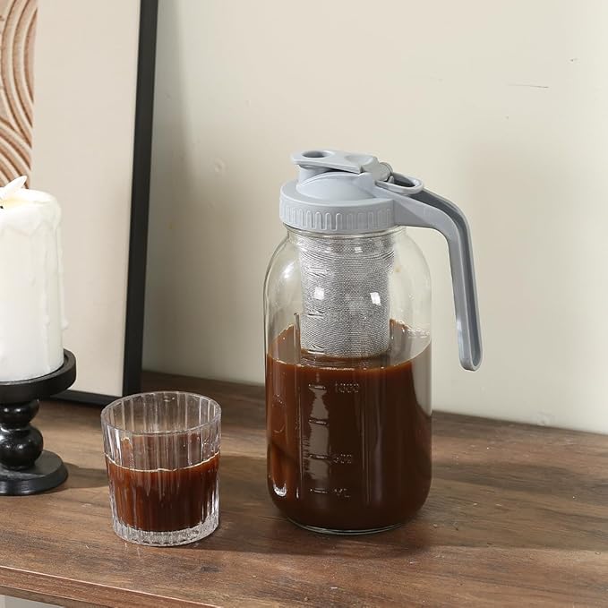 Glass Tea Pitcher with Airtight Lid Leak Proof Mason Jar with Stainless Steel Filter Glass Empty Jar for Water, Tea and Juice (Gray)
