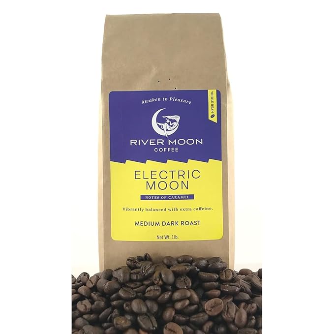 River Moon Coffee, Electric Moon High-Caffeine Whole Bean Coffee, 16 Ounces, Bold Medium-Dark Roast
