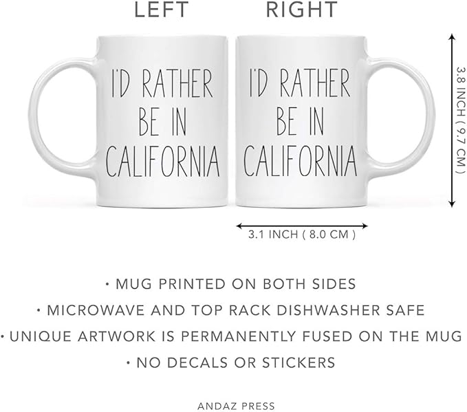 Andaz Press U.S. State 11oz. Coffee Mug Gift, I'd Rather Be in California, 1-Pack, Long Distance College Going Away Study Abroad Birthday Christmas Gifts