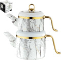 Hakan Melody Turkish Tea Pot Set | 3.5 L Tea Kettles for Stovetop with Stainless Steel Handless and Glass Lid | Aluminum Body Tea Maker | Double Stovetop Kettles with Granite Cover, White 3.6 qt