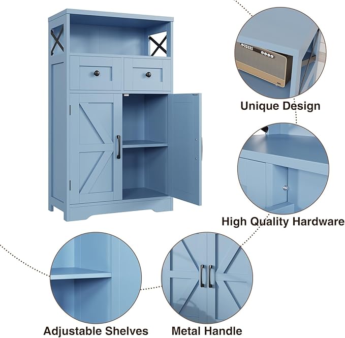 Farmhouse Light Blue Storage Cabinet with Barn Doors and Drawers, Freestanding Kitchen Pantry Cabinet, Hutch Cupboard for Kitchen, Laundry Room, Living Room