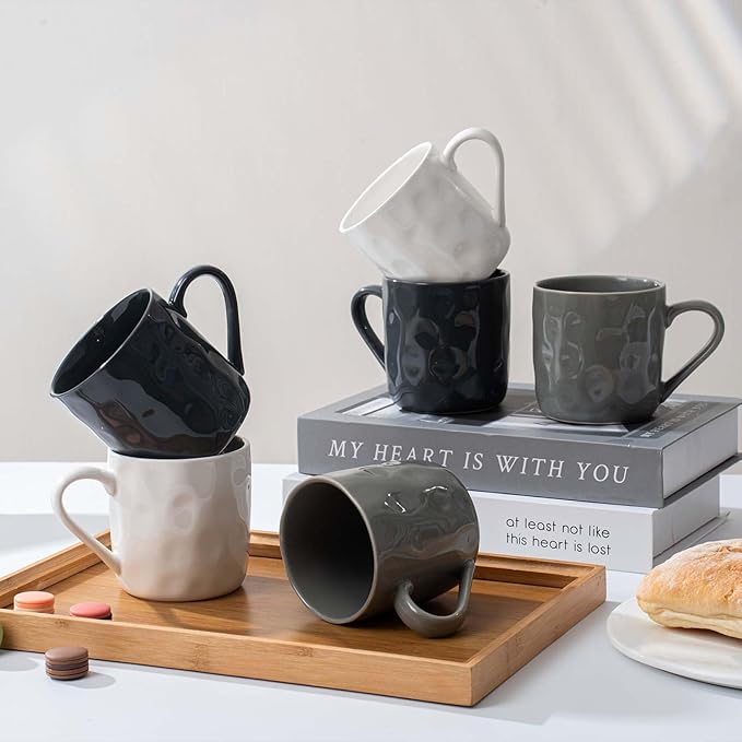 Porcelain Coffee Mugs Set of 6 with Hand Pinch Texture, Non-toxic, Stylish Gift 12 OZ Ceramic Coffee Tea Milk Coco Mug, Microwave and Dishwasher Safe (Dark blue, White, Grey)