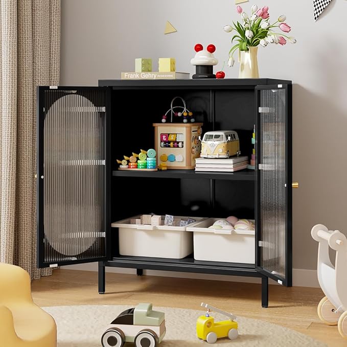 Small 2 Transparent Door Metal Storage Side Buffet Cabinet for Bed Room,Living Room,Entryway,Hallway,Home,Hotel,Office,Garage,Kitchen,1 Removable Shelf. (Transparent Door, Black)