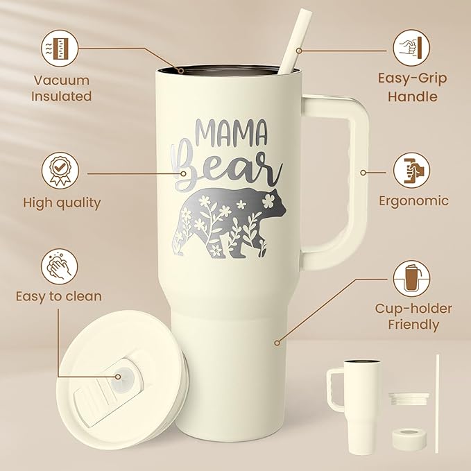 Mom Tumbler with Handle 40oz, Mama Bear Cup Stainless Steel Insulated Tumblers Coffee Travel Mug, Gifts for Moms from Daughter Son, Best Mother Gift for Christmas Birthday Mothers Day