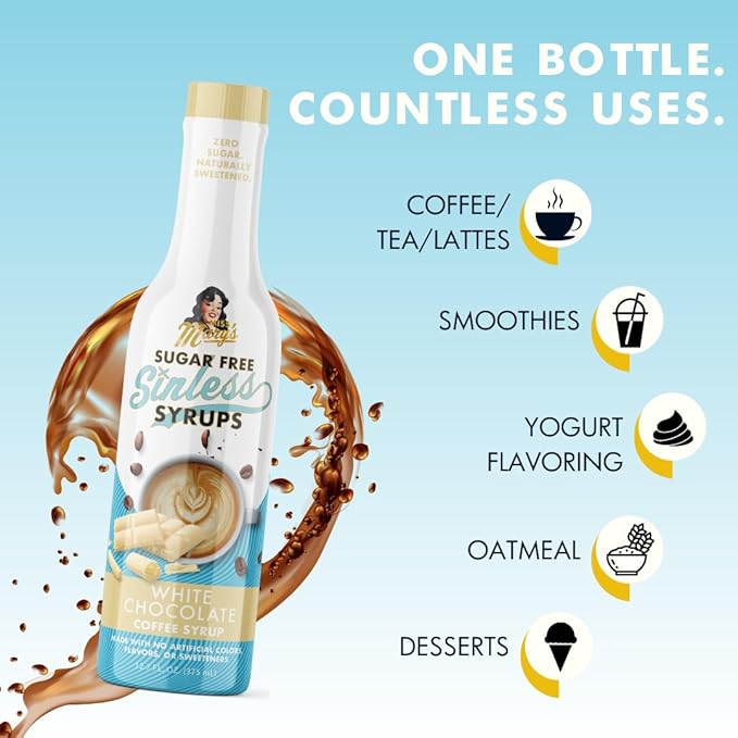 Sugar Free 3pk White Chocolate Sinless Syrup - Stevia Based, No Sugar Alcohols or Sucralose, No Artificial Sweeteners, Natural Ingredients, Coffee Tea Cocoa Dessert, Keto Friendly, 3 Pack