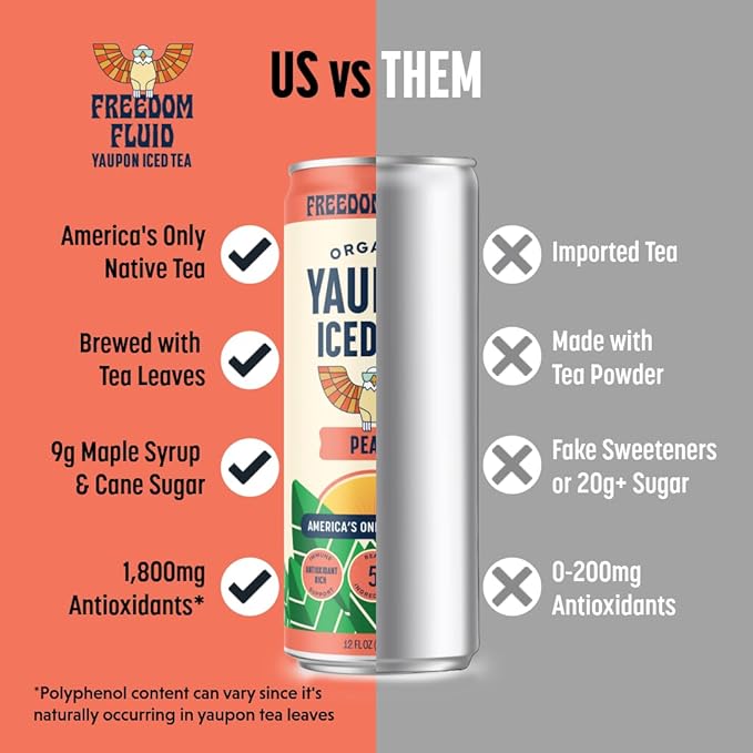 Freedom Fluid Organic Yaupon Iced Tea – Refreshing Peach | Herbal Tea Drink | Lightly Sweetened, Low Sugar, Low Calories, Real Brewed Tea, Clean Ingredients, Antioxidant Rich, Natural Caffeine, 12 Pack (12 oz cans)