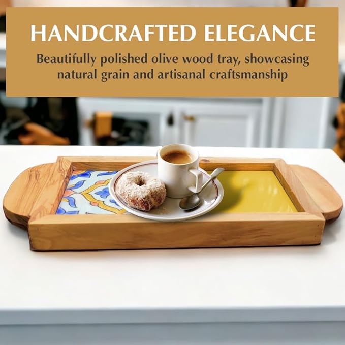 Kamsah Olive Wood Serving Tray with Handles (L:11”, W:5”) Decorative Rectangle Serving Trays for Serving Food, Drinks, Tea, Coffee - Rustic Vintage Wooden Serving Tray for Table & Gifts - Alhambra