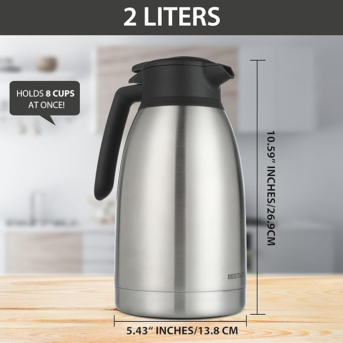 Heritage66 2L Thermal Coffee Carafe with Cleaning Brush – Triple-Wall Vacuum Insulated Stainless Steel Server, Keeps Drinks Hot 12 Hours/Cold 24 Hours, Leak-Proof Lid for Coffee, Tea & Water