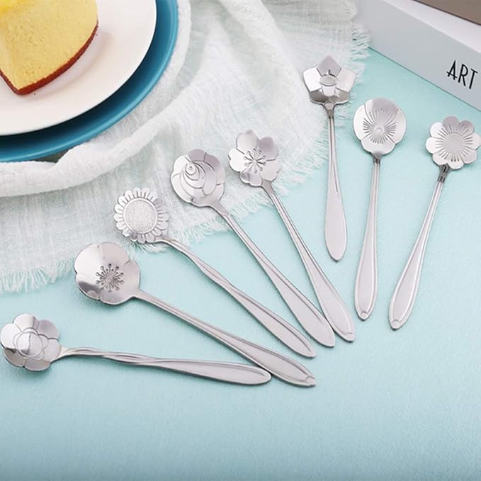 Creative Coffee Scoops and Spoons Set - 8 Different Patterns, Stainless Steel for Tea, Cake, Sugar, Dessert, Ice Cream, Seasoning or Spice - Silver