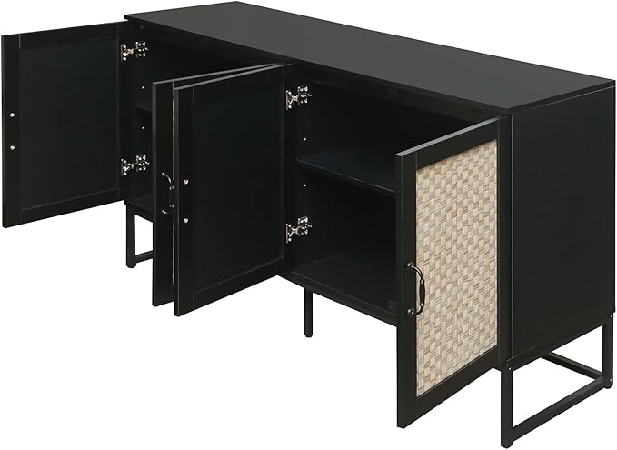 Kitchen Buffet Cabinet with 4 Rattan Decorated Doors, 59" Boho Cupboard with Metal Feet, Accent Buffet Console Storage Credenza for Living Room, Dining Room, Hallway, Office, Black