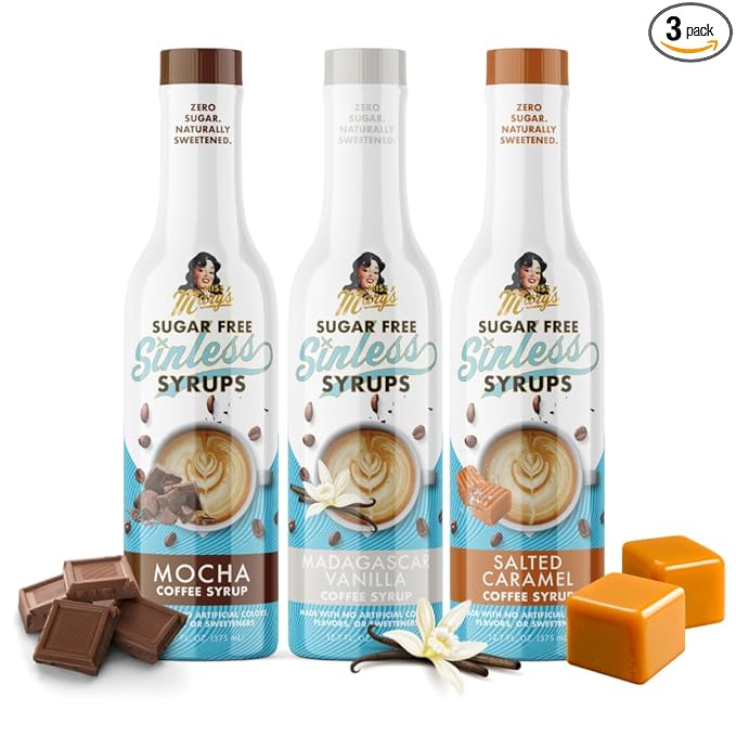 Miss Mary’s Sinless Syrups Classic Collection - Sugar Free Coffee Syrup, No Sugar, Keto Friendly, Plant Based, Natural Ingredients, No Artificial Sweetener, Madagascar Vanilla, Caramel, Mocha, 3 Pack
