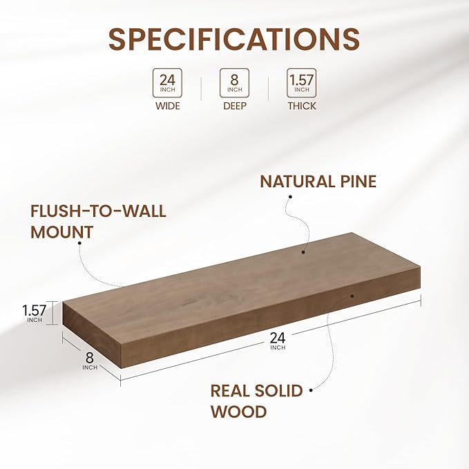 Heimlove 24 inch Floating Shelves for Wall,2 Packs Natural Pine Solid Wood Floating Shelves, 8 inches Deep Wooden Shelves for Kitchen Bedroom Office & Living Room Display Wall Decor