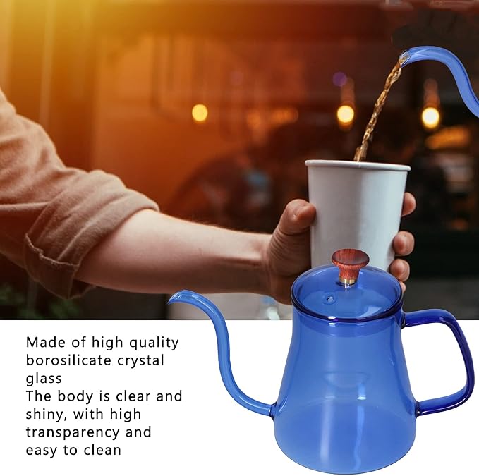 350ml Pour Over Coffee Kettle,Gooseneck Glass Kettle,Tea Kettle Long Spout Kettle Large Capacity Heat Resistant Easy to Clean Long Mouth Coffee Pot with Lid(blue)