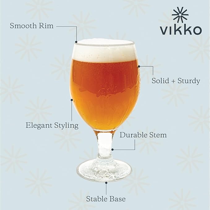 Vikko Beer Glass, Set of 6 Belgian Style Beer Glasses, Large Size 13.5 Ounce, Dishwasher Safe Durable Drinking Glass for Craft Brews, Beer or Water