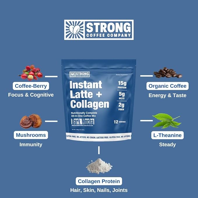 Strong Coffee Co. Dark Mocha Instant Latte | Organic Coffee with 15g Collagen Protein | Lion’s Mane & L-Theanine | Nootropic Instant Coffee | 12 Servings