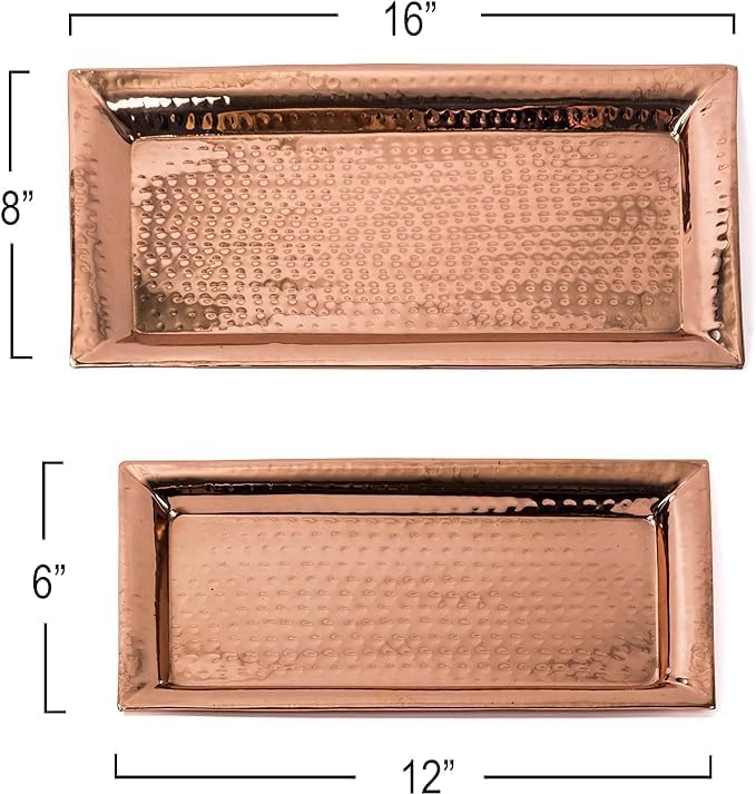 Copper Hammered Trays - Rose Gold Serving Tray and Platters - Appetizer Tray - Large Decorative Food Tray (2 Pack Rectangle Platters)