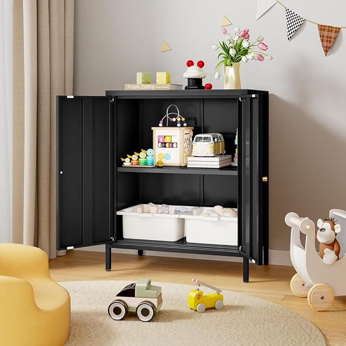 Small 2 Metal Storage Side Buffet Cabinet for Bed Room,Living Room,Entryway,Hallway,Home,Hotel,Office,Garage,Kitchen,1 Removable Shelf. (Metal Door, Black)
