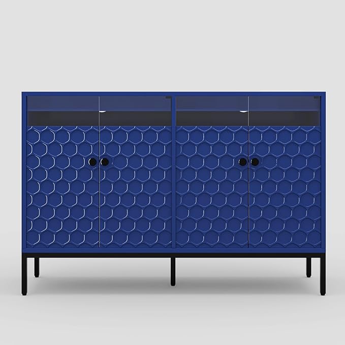Sideboard Buffet Cabinet 47'' with Storage and Power Outlet, Modern Coffee Bar Accent Cabinet with 4 Doors and Adjustable Shelves, Console Table for Dining Room, Living Room, Kitchen, Navy Blue
