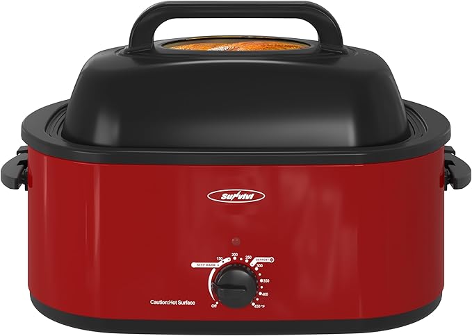 Sunvivi 26lb 22-Quart Roaster Oven, Electric Roaster Oven with Viewing Lid, Turkey Roaster with Unique Defrost/Warm Function, Large Roaster with Removable Pan & Rack, Stainless Steel, Red