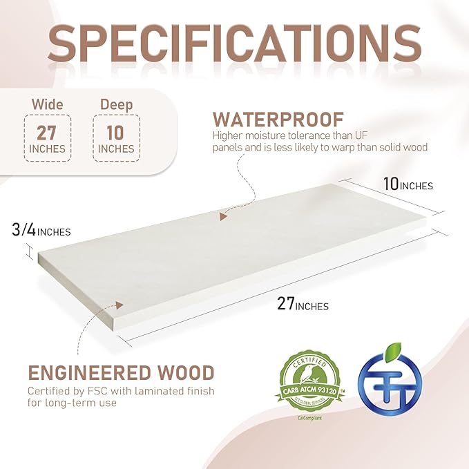 Kaboon 27 inch Long 10 inch Deep Floating Shelves for Wall Set of 2, Large Open Shelves Wall Mounted, Space Saving Home and Commercial Use, Sea Salt/Greyish White