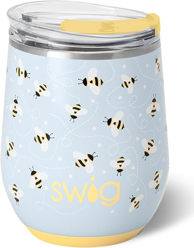 Swig Life 12oz Wine Tumbler with Lid, Stainless Steel, Dishwasher Safe, Portable, Triple Insulated Wine Tumbler (Busy Bee)