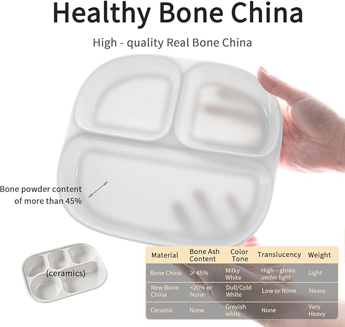Portion Control Plate - Fine Bone China Porcelain for Adults, Children, Healthy Diet