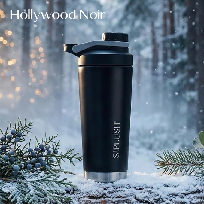Paradise Shaker Bottle, 24 oz Insulated Stainless Steel Protein Shaker with Lid Brush & Protective Boot, Leakproof Twist-Off Cap, Onyx Silver with Mirror-Finish Bottom, Hollywood Noir