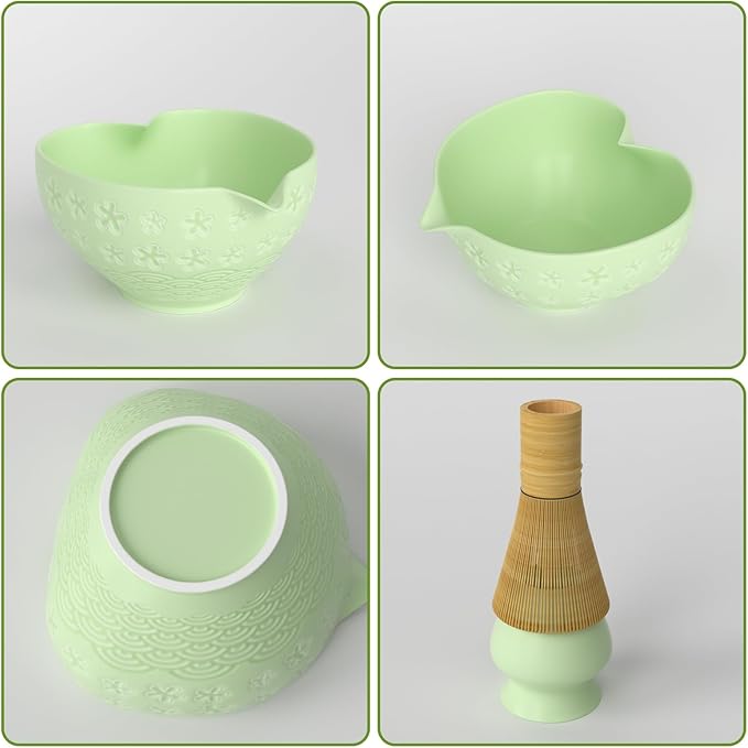 Matcha Whisk Set & Japanese Tea Set, 8PCS Ceramic Matcha Kit, Heart-shaped Matcha Bowl with Spout and Bamboo Whisk for Ceremony Matcha Lovers, Ideal Gift Christmas and Birthday (Matcha Green)