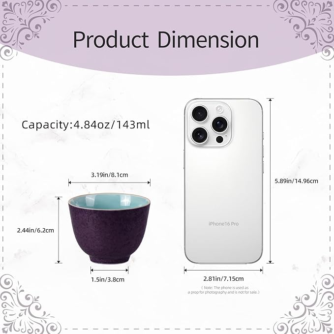 KAMMAK Tea Cup, 4.8oz Small Tea Cups Set of 2, Purple Porcelain Tea Cups Set for Home, Party, Office, Ceramic Teacups, Chinese Kungfu Tea Set for Hot/Cold Drink (Deep Purple)