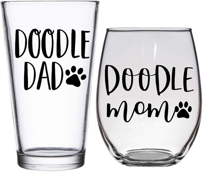 Doodle Mom & Dad Glass Set - Premium 21oz Stemless Wine Glass - 16oz Pint Glass - Gift for Doodle Lovers