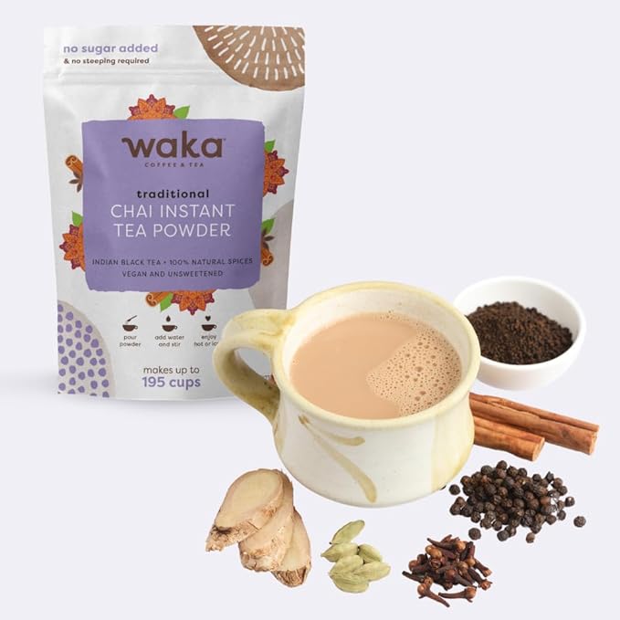 Waka Traditional Chai Tea Powder Mix - Chai Tea Concentrate Sugar Free, Pure Leaves from India, Natural Spices, Unsweetened, No Additives (4.5oz Pouch, 195 Servings)