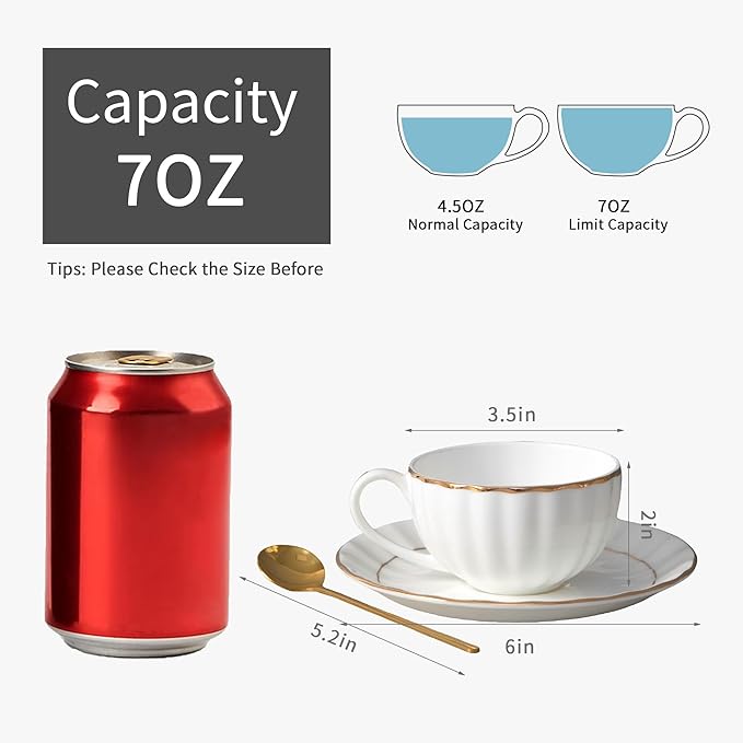 Bone China Tea Cups and Saucers Set (6 oz, Set of 4) – White Luxury Fine Porcelain Mugs for Tea, Coffee, Latte Art, Barista Use, Elegant Gifting