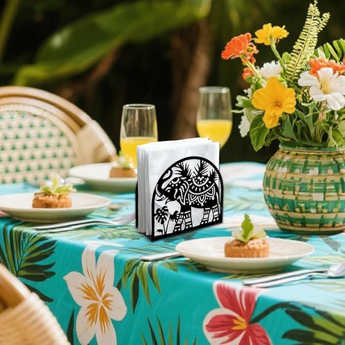 Elephant Decorative Black Metal Napkin Holder for Table, 5.3" x 4.9" x 1.9" Animal Leaf Standing Napkin Holder for Home Kitchen Restaurant Picnic Party Coffee Bar Dining Room