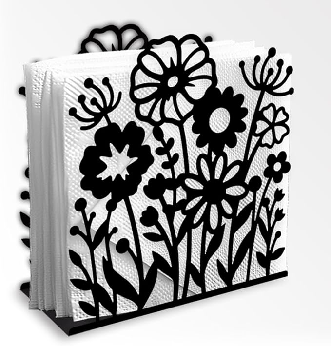 Wildflowers Decorative Black Metal Napkin Holder for Table, 4.9" x 5.3" x 1.9" Flowers Standing Napkin Holder for Home Kitchen Restaurant Picnic Party Coffee Bar Dining Room