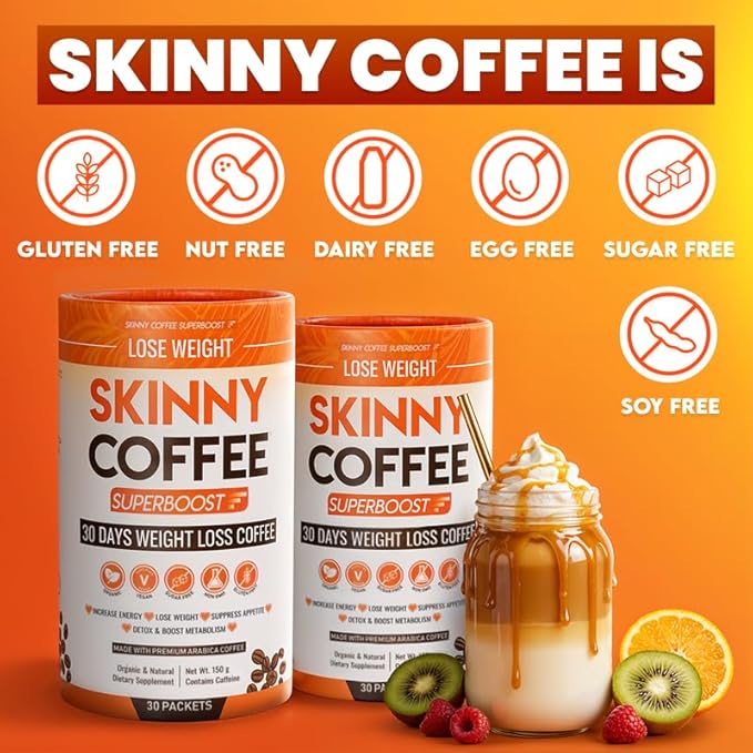 Skinny Coffee Super Boost Weight Loss Coffee, Belly Fat Burner for Women & Men, Sugar-Free Keto Vegan, Reduces Bloating, Supports Energy & Metabolism, Appetite & Cravings Control (90 Servings)