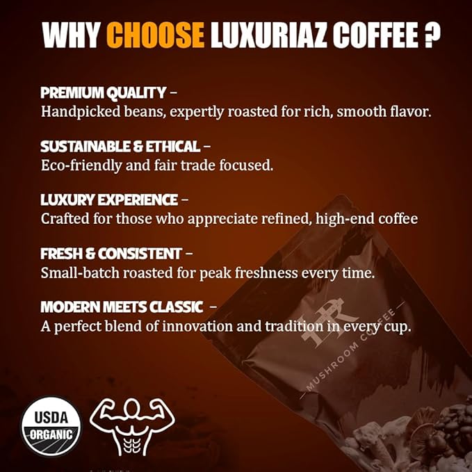Luxuriaz Organic Mushroom Coffee Instant Powder, Lion's Mane for Focus & Brain Health, 6 Adaptogens (Cordyceps, Reishi, Turkey Tail), Coffee Alternative, Keto, Vegan, 30 Servings