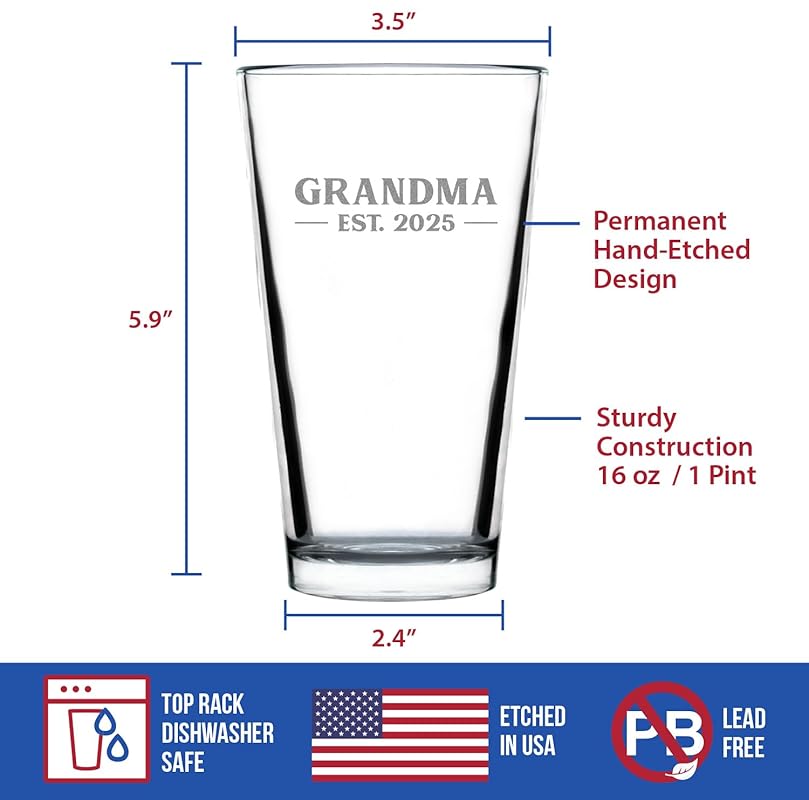 Grandma Est 2025 - New Grandmother Pint Glass Gift for First Time Grandparents - Bold 16 Oz Glasses